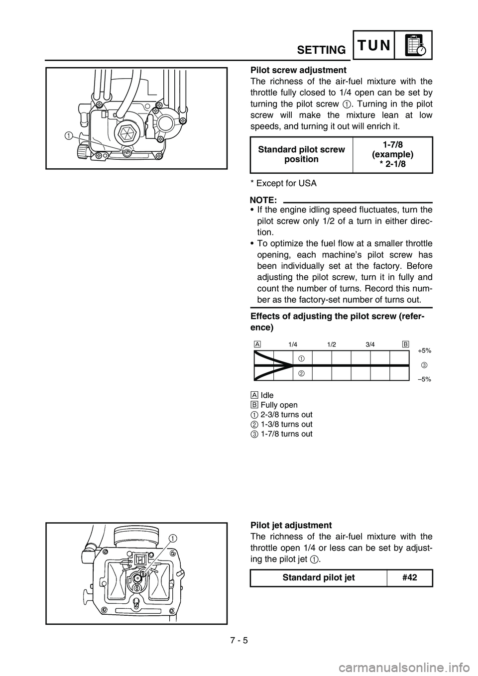 YAMAHA YZ250F 2005  Notices Demploi (in French) 7 - 5
TUNSETTING
Pilot screw adjustment
The richness of the air-fuel mixture with the
throttle fully closed to 1/4 open can be set by
turning the pilot screw 1. Turning in the pilot
screw will make th