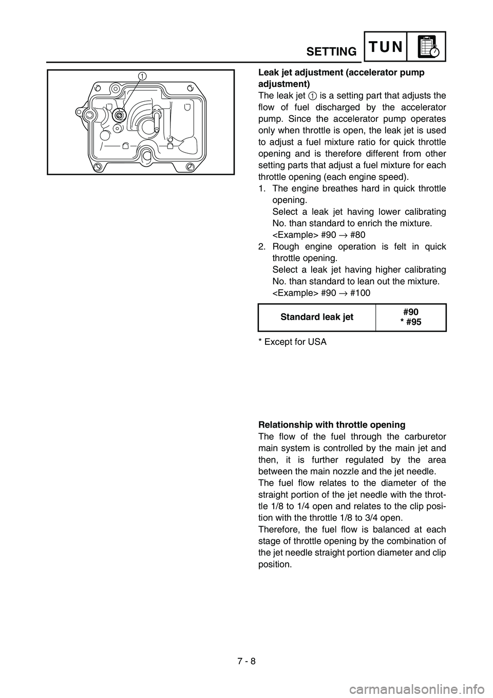 YAMAHA YZ250F 2005  Notices Demploi (in French) 7 - 8
TUN
Leak jet adjustment (accelerator pump 
adjustment) 
The leak jet 1 is a setting part that adjusts the
flow of fuel discharged by the accelerator
pump. Since the accelerator pump operates
onl