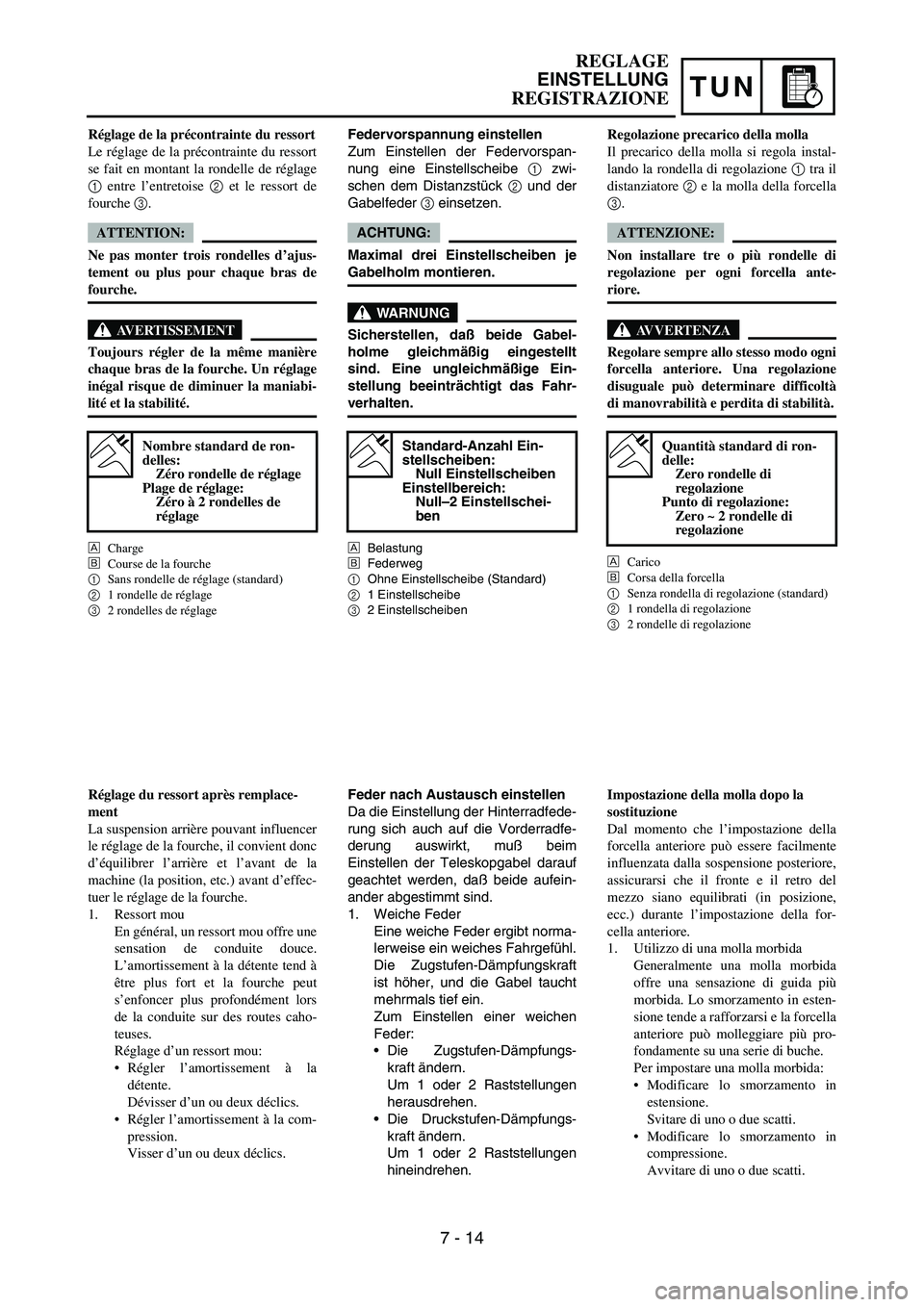 YAMAHA YZ250F 2005  Notices Demploi (in French) TUN
Federvorspannung einstellen
Zum Einstellen der Federvorspan-
nung eine Einstellscheibe 1 zwi-
schen dem Distanzstück 2 und der
Gabelfeder 3 einsetzen.
ACHTUNG:
Maximal drei Einstellscheiben je
Ga