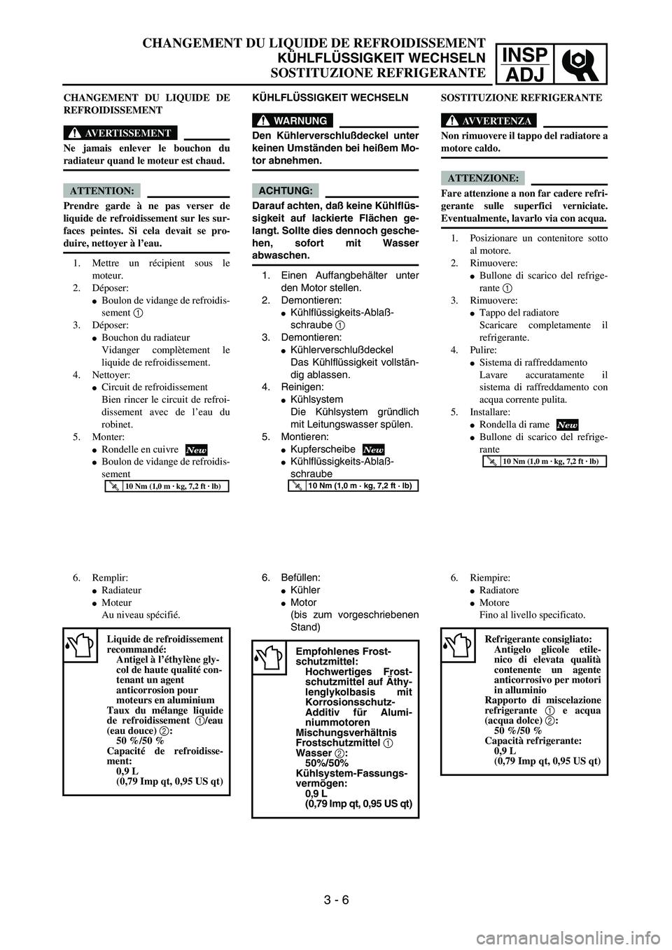 YAMAHA YZ250F 2004  Manuale duso (in Italian) INSP
ADJ
CHANGEMENT DU LIQUIDE DE REFROIDISSEMENT
KÜHLFLÜSSIGKEIT WECHSELN
SOSTITUZIONE REFRIGERANTE
KÜHLFLÜSSIGKEIT WECHSELN
WARNUNG
Den Kühlerverschlußdeckel unter
keinen Umständen bei heiße
