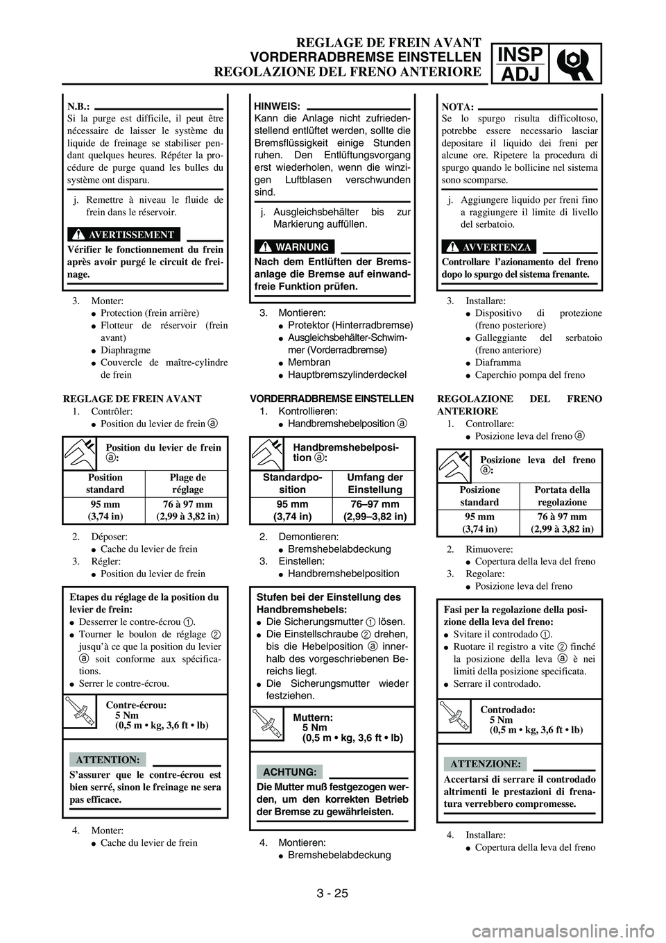YAMAHA YZ250F 2004  Manuale duso (in Italian) INSP
ADJ
 
REGLAGE DE FREIN AVANT 
VORDERRADBREMSE EINSTELLEN 
REGOLAZIONE DEL FRENO ANTERIORE 
3. Montieren: 
 
Protektor (Hinterradbremse) 
 
Ausgleichsbehälter-Schwim-
mer (Vorderradbremse) 
 

