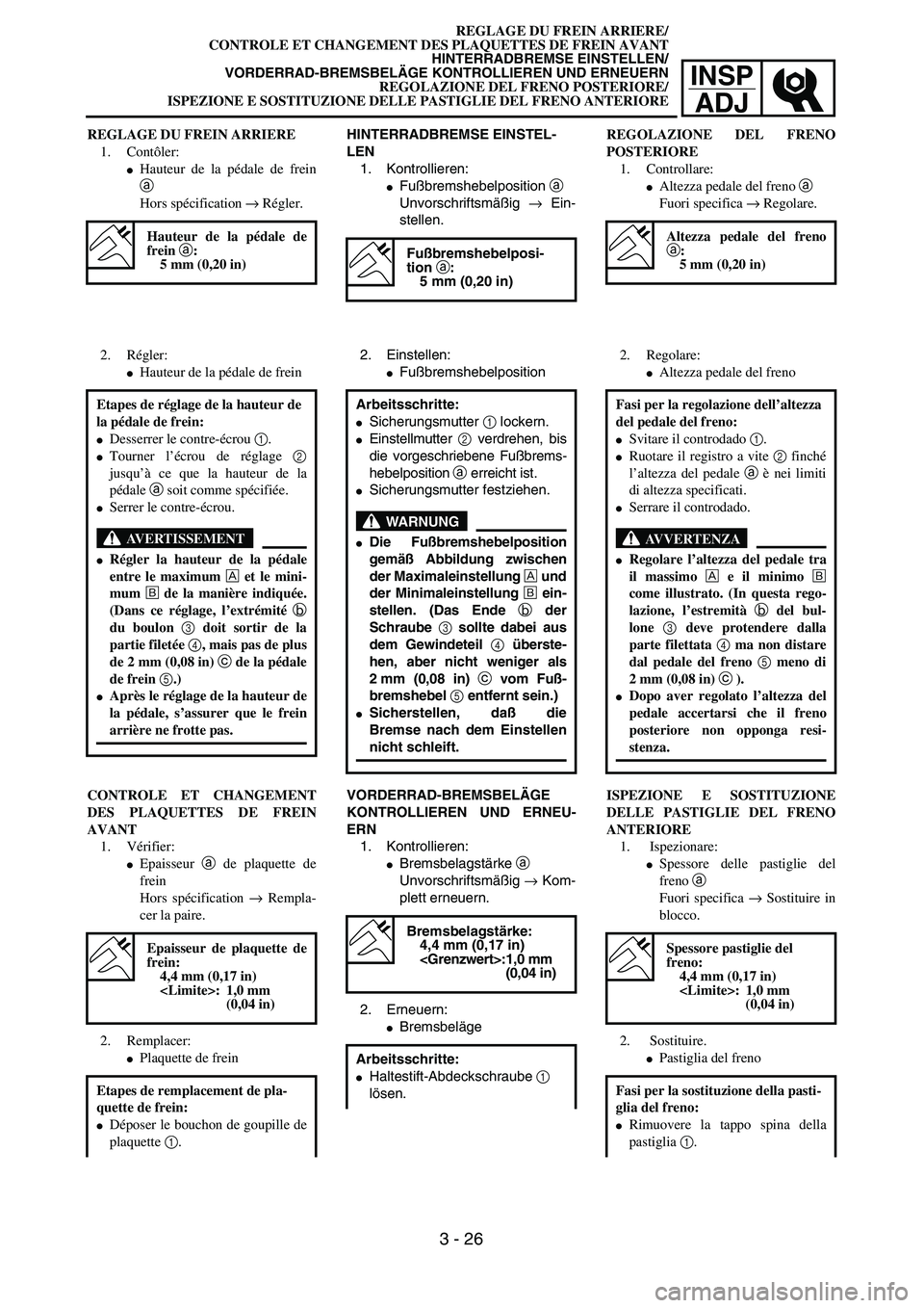 YAMAHA YZ250F 2004  Manuale duso (in Italian) INSP
ADJ
REGLAGE DU FREIN ARRIERE/
CONTROLE ET CHANGEMENT DES PLAQUETTES DE FREIN AVANT
HINTERRADBREMSE EINSTELLEN/
VORDERRAD-BREMSBELÄGE KONTROLLIEREN UND ERNEUERN
REGOLAZIONE DEL FRENO POSTERIORE/
