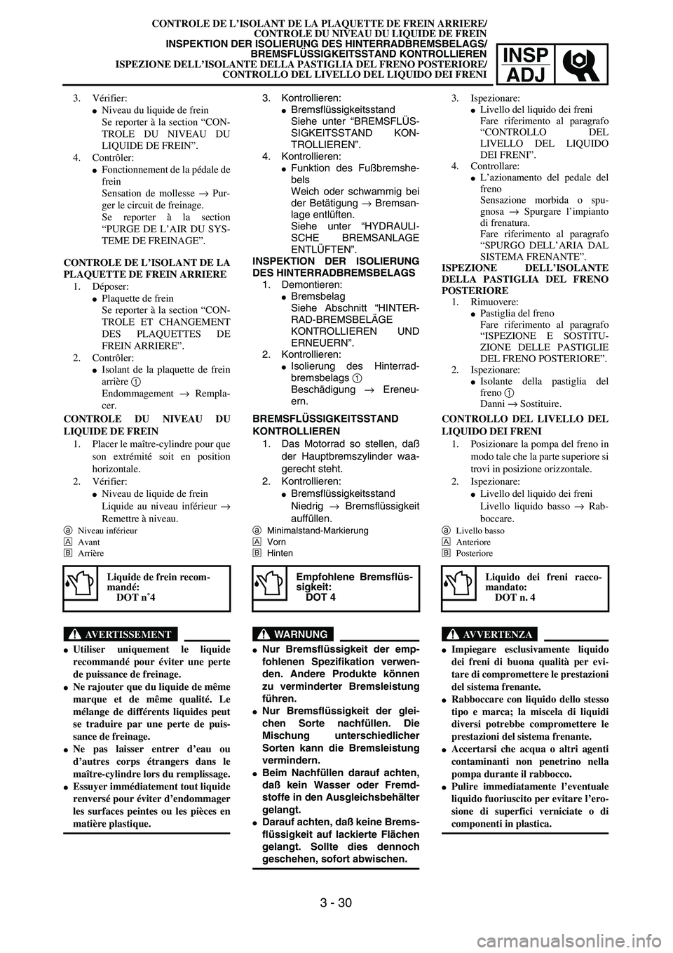 YAMAHA YZ250F 2004  Manuale duso (in Italian) INSP
ADJ
CONTROLE DE L’ISOLANT DE LA PLAQUETTE DE FREIN ARRIERE/
CONTROLE DU NIVEAU DU LIQUIDE DE FREIN
INSPEKTION DER ISOLIERUNG DES HINTERRADBREMSBELAGS/
BREMSFLÜSSIGKEITSSTAND KONTROLLIEREN
ISPE