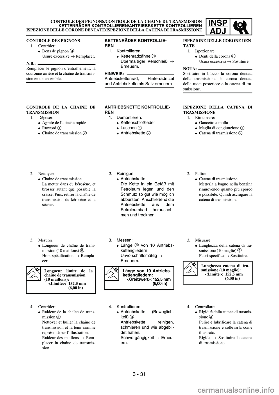 YAMAHA YZ250F 2004  Manuale duso (in Italian) INSP
ADJCONTROLE DES PIGNONS/CONTROLE DE LA CHAINE DE TRANSMISSION
KETTENRÄDER KONTROLLIEREN/ANTRIEBSKETTE KONTROLLIEREN
ISPEZIONE DELLE CORONE DENTATE/ISPEZIONE DELLA CATENA DI TRASMISSIONE
KETTENR