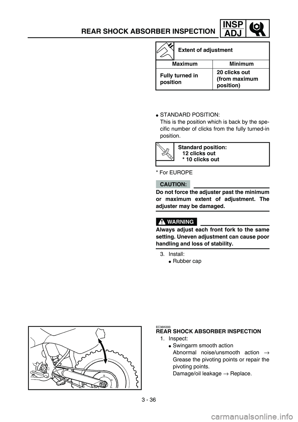YAMAHA YZ250F 2004  Manuale duso (in Italian) 3 - 36
INSP
ADJ
REAR SHOCK ABSORBER INSPECTION
Extent of adjustment
Maximum Minimum
Fully turned in 
position20 clicks out 
(from maximum 
position)
STANDARD POSITION:
This is the position which is b