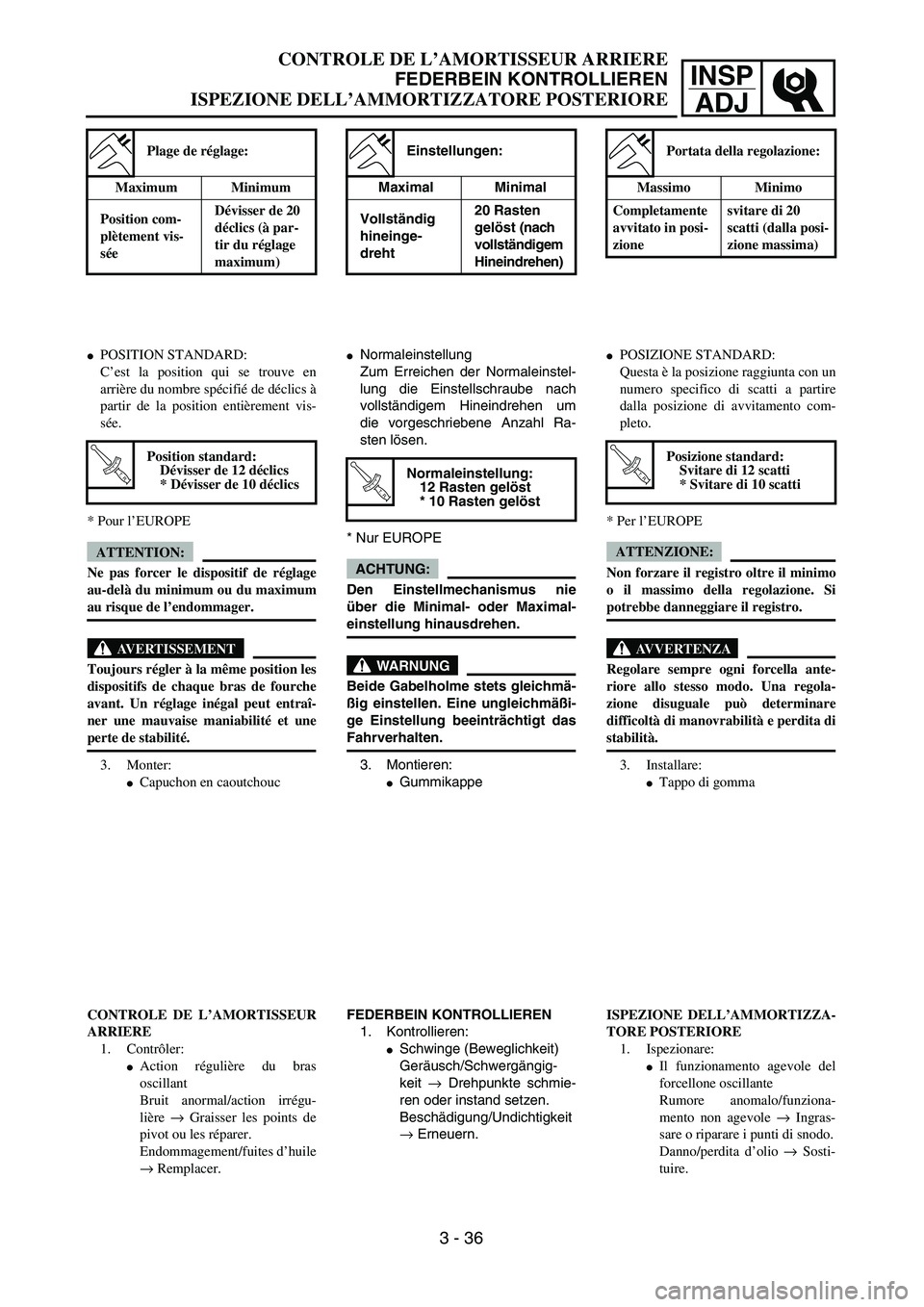 YAMAHA YZ250F 2004  Manuale duso (in Italian) INSP
ADJ
CONTROLE DE L’AMORTISSEUR ARRIERE
FEDERBEIN KONTROLLIEREN
ISPEZIONE DELL’AMMORTIZZATORE POSTERIORE
Einstellungen:
Maximal Minimal
Vollständig 
hineinge-
dreht20 Rasten 
gelöst (nach 
vo