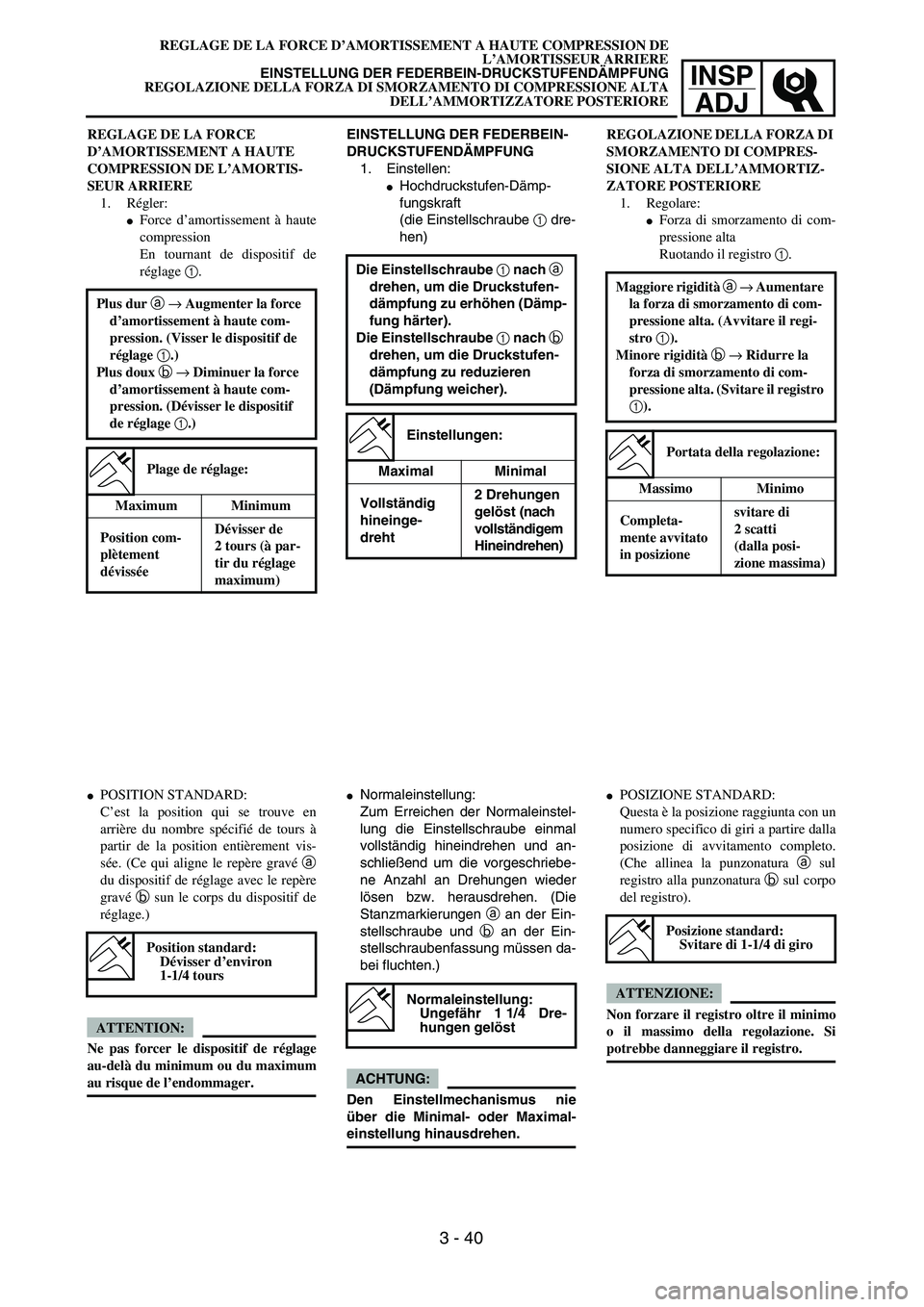 YAMAHA YZ250F 2004  Manuale duso (in Italian) INSP
ADJ
EINSTELLUNG DER FEDERBEIN-
DRUCKSTUFENDÄMPFUNG
1. Einstellen:
Hochdruckstufen-Dämp-
fungskraft
(die Einstellschraube 1 dre-
hen)
Die Einstellschraube 1 nach a 
drehen, um die Druckstufen-

