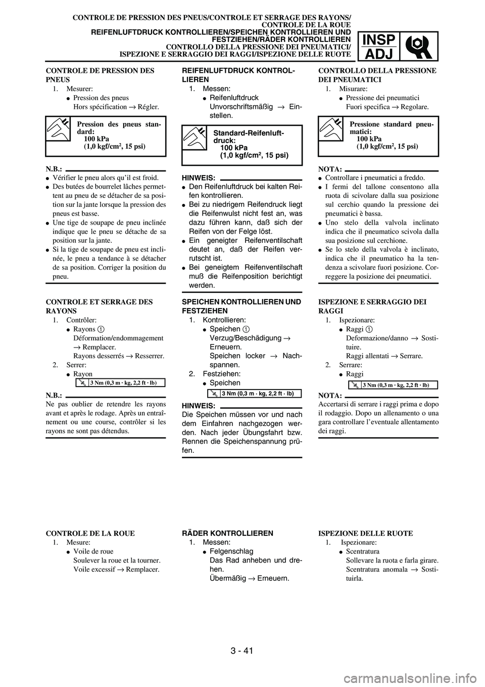 YAMAHA YZ250F 2004  Manuale duso (in Italian) INSP
ADJ
CONTROLE DE PRESSION DES PNEUS/CONTROLE ET SERRAGE DES RAYONS/
CONTROLE DE LA ROUE
REIFENLUFTDRUCK KONTROLLIEREN/SPEICHEN KONTROLLIEREN UND
FESTZIEHEN/RÄDER KONTROLLIEREN
CONTROLLO DELLA PRE