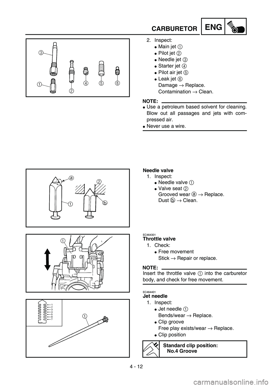 YAMAHA YZ250F 2004  Manuale duso (in Italian) 4 - 12
ENGCARBURETOR
2. Inspect:
Main jet 1 
Pilot jet 2 
Needle jet 3 
Starter jet 4 
Pilot air jet 5 
Leak jet 6 
Damage → Replace.
Contamination → Clean.
NOTE:
Use a petroleum based solv