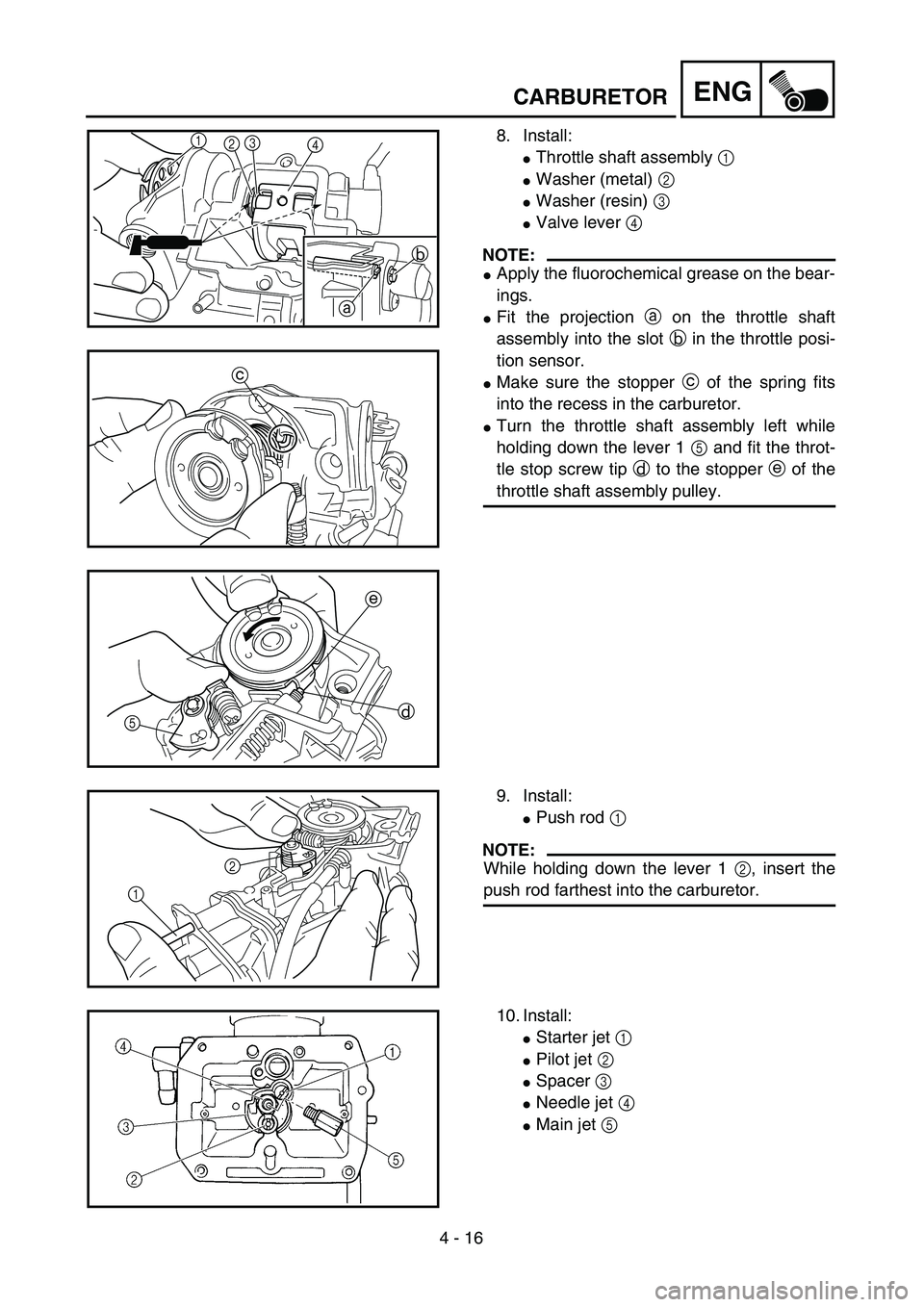 YAMAHA YZ250F 2004 User Guide 4 - 16
ENGCARBURETOR
8. Install:
Throttle shaft assembly 1 
Washer (metal) 2 
Washer (resin) 3 
Valve lever 4 
NOTE:
Apply the fluorochemical grease on the bear-
ings.
Fit the projection a on th