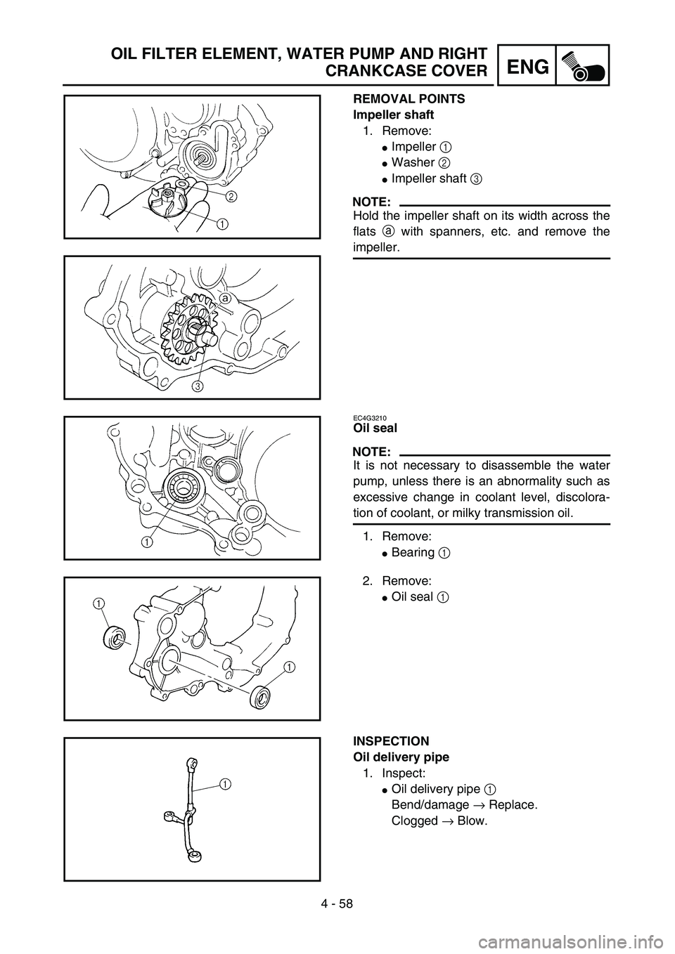 YAMAHA YZ250F 2004  Owners Manual 4 - 58
ENG
OIL FILTER ELEMENT, WATER PUMP AND RIGHT
CRANKCASE COVER
REMOVAL POINTS
Impeller shaft
1. Remove:
Impeller 1 
Washer 2 
Impeller shaft 3 
NOTE:
Hold the impeller shaft on its width acros