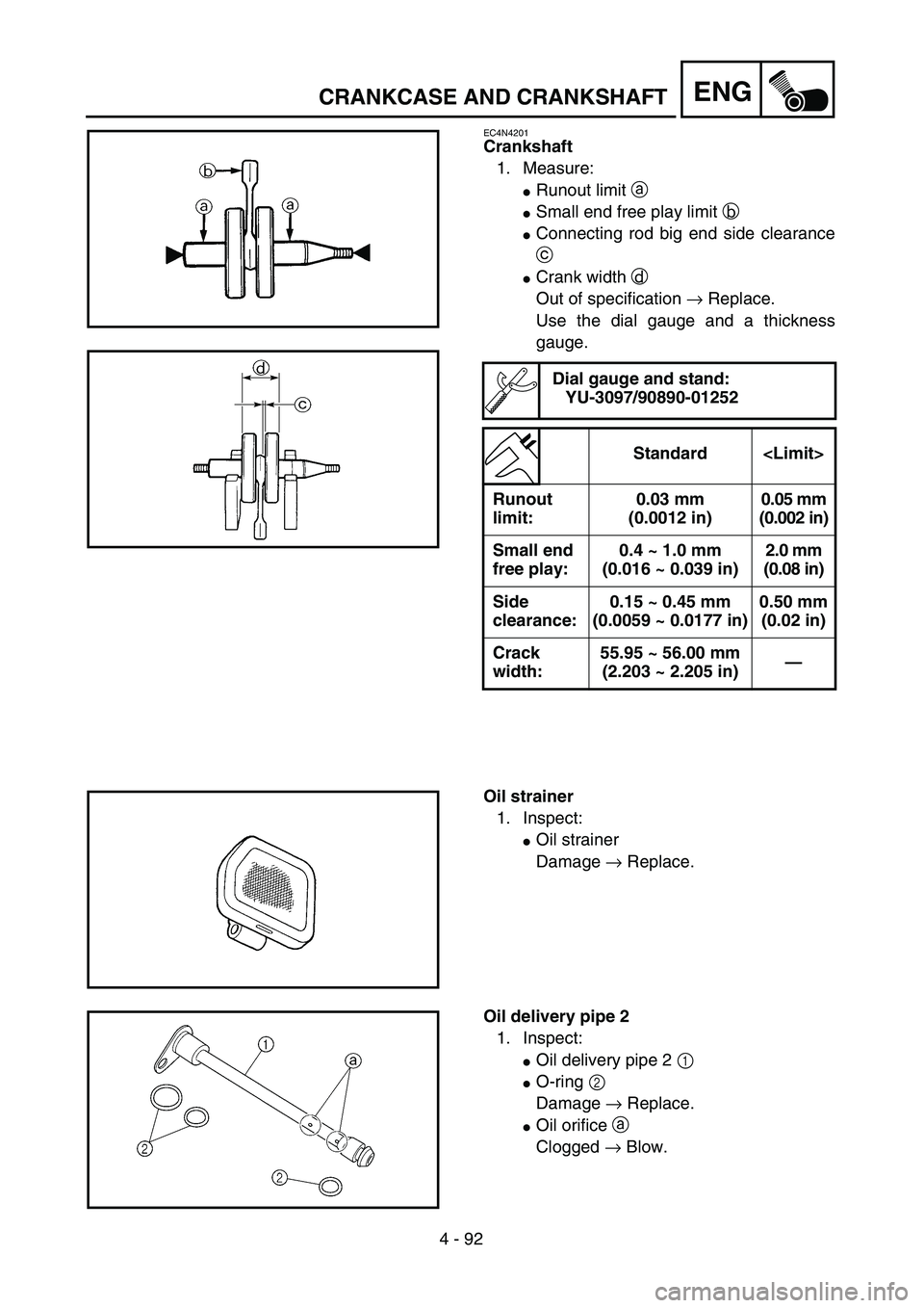YAMAHA YZ250F 2004 User Guide 4 - 92
ENGCRANKCASE AND CRANKSHAFT
EC4N4201
Crankshaft
1. Measure:
Runout limit a 
Small end free play limit b 
Connecting rod big end side clearance
c 
Crank width d 
Out of specification → Rep
