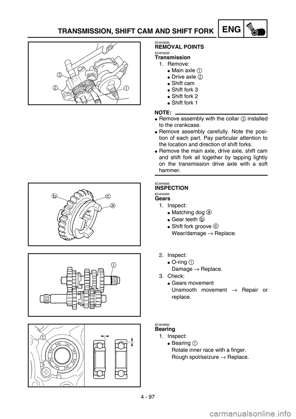 YAMAHA YZ250F 2004  Manuale duso (in Italian) 4 - 97
ENGTRANSMISSION, SHIFT CAM AND SHIFT FORK
EC4H3000
REMOVAL POINTS
EC4H3230
Transmission
1. Remove:
Main axle 1 
Drive axle 2 
Shift cam
Shift fork 3 
Shift fork 2 
Shift fork 1 
NOTE:
Re