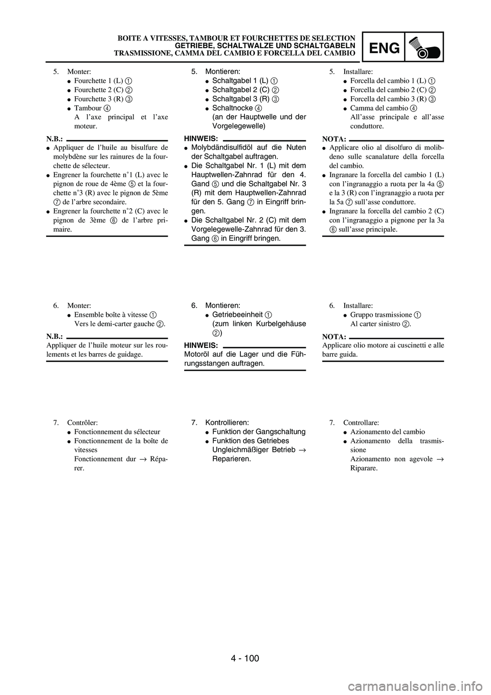 YAMAHA YZ250F 2004  Manuale duso (in Italian) ENG
4 - 100
5. Montieren:
Schaltgabel 1 (L) 1 
Schaltgabel 2 (C) 2
Schaltgabel 3 (R) 3
Schaltnocke 4
(an der Hauptwelle und der
Vorgelegewelle)
HINWEIS:
Molybdändisulfidöl auf die Nuten
der Sch