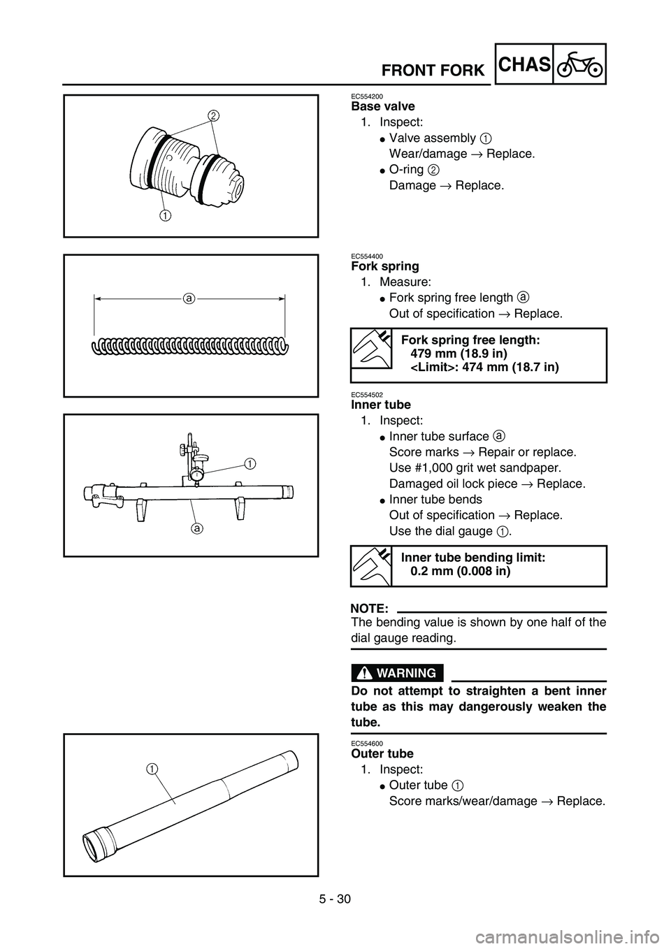 YAMAHA YZ250F 2004  Manuale duso (in Italian) 5 - 30
CHAS
EC554200
Base valve
1. Inspect:
Valve assembly 1 
Wear/damage → Replace.
O-ring 2 
Damage → Replace.
EC554400
Fork spring
1. Measure:
Fork spring free length a 
Out of specification