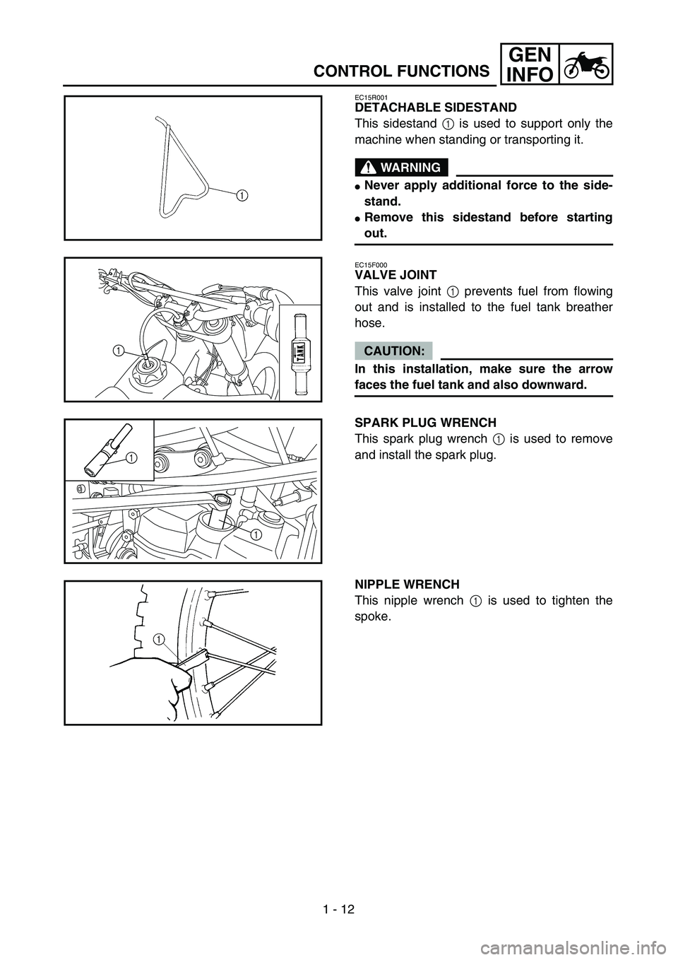 YAMAHA YZ250F 2004  Manuale duso (in Italian)  
1 - 12
GEN
INFO
 
CONTROL FUNCTIONS 
EC15R001 
DETACHABLE SIDESTAND  
This sidestand   
1  
 is used to support only the
machine when standing or transporting it.
WARNING
 
 
Never apply additional