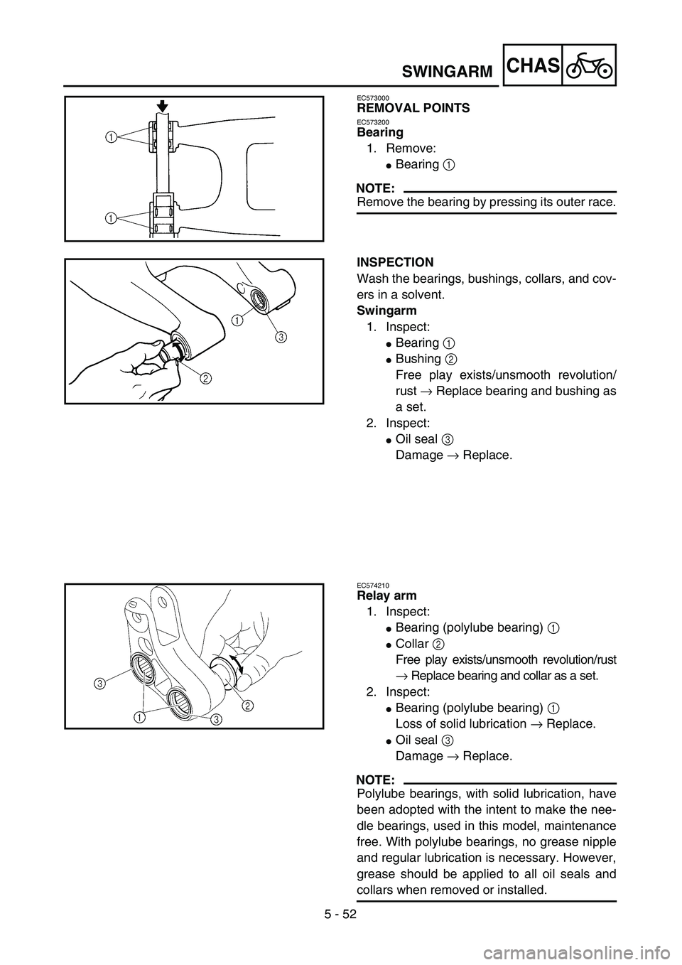 YAMAHA YZ250F 2004  Owners Manual 5 - 52
CHASSWINGARM
EC573000
REMOVAL POINTS
EC573200
Bearing
1. Remove:
Bearing 1 
NOTE:
Remove the bearing by pressing its outer race.
INSPECTION
Wash the bearings, bushings, collars, and cov-
ers i