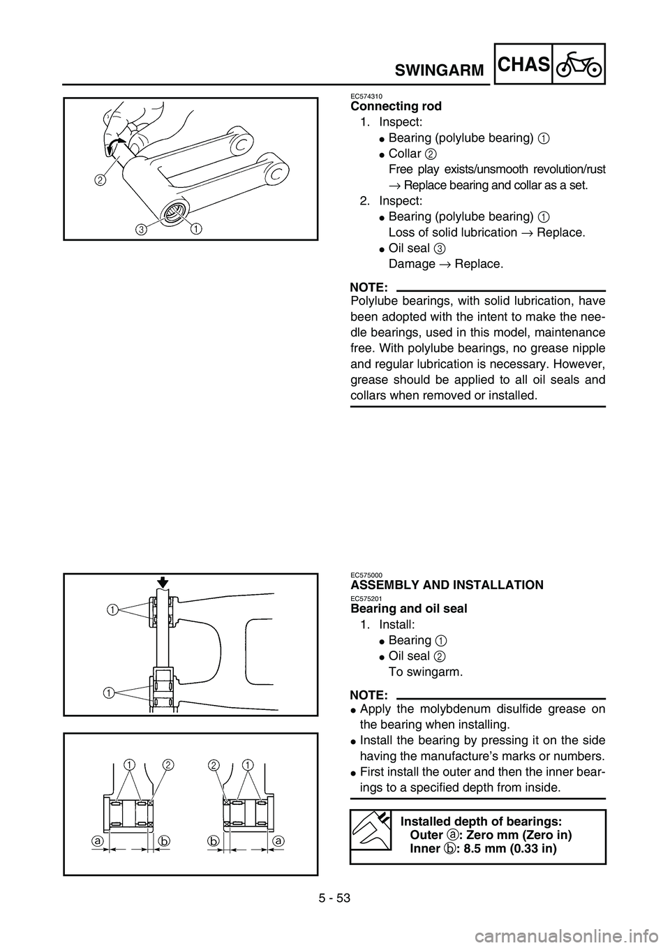 YAMAHA YZ250F 2004  Manuale duso (in Italian) 5 - 53
CHASSWINGARM
EC574310
Connecting rod
1. Inspect:
Bearing (polylube bearing) 1 
Collar 2 
Free play exists/unsmooth revolution/rust
→ Replace bearing and collar as a set.
2. Inspect:
Bearin