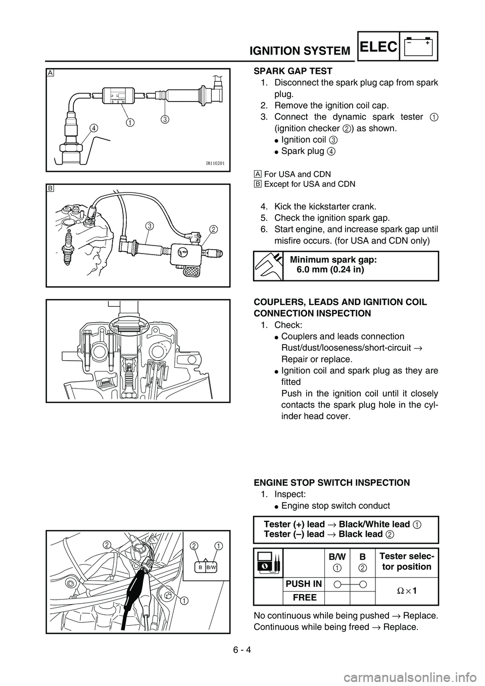 YAMAHA YZ250F 2004  Owners Manual  
6 - 4
–+ELEC
 
IGNITION SYSTEM 
SPARK GAP TEST  
1. Disconnect the spark plug cap from spark
plug.
2. Remove the ignition coil cap.
3. Connect the dynamic spark tester   
1  
(ignition checker   

