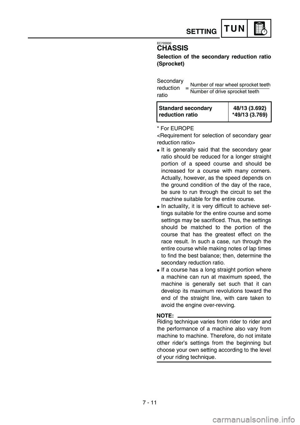 YAMAHA YZ250F 2004  Owners Manual 7 - 11
TUN
EC720000
CHASSIS
Selection of the secondary reduction ratio
(Sprocket)
Secondary 
reduction = 
ratio
* For EUROPE
<Requirement for selection of secondary gear
reduction ratio>
It is genera