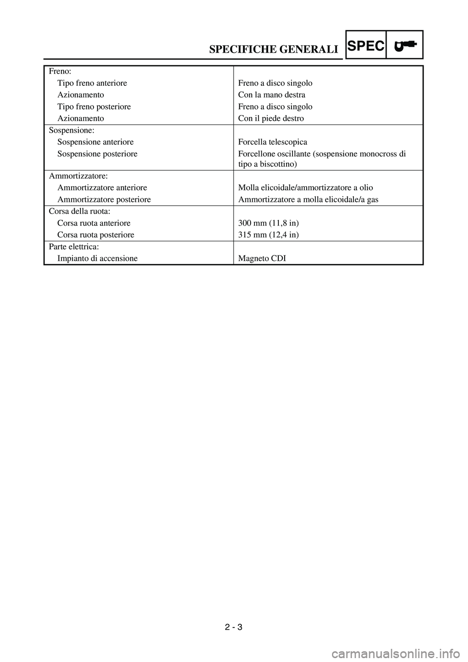 YAMAHA YZ250F 2003 Owners Manual SPEC
2 - 3
SPECIFICHE GENERALI
Freno:
Tipo freno anteriore Freno a disco singolo
Azionamento Con la mano destra
Tipo freno posteriore Freno a disco singolo
Azionamento Con il piede destro
Sospensione: YAMAHA YZ250F 2003 Owners Manual SPEC
2 - 3
SPECIFICHE GENERALI
Freno:
Tipo freno anteriore Freno a disco singolo
Azionamento Con la mano destra
Tipo freno posteriore Freno a disco singolo
Azionamento Con il piede destro
Sospensione: