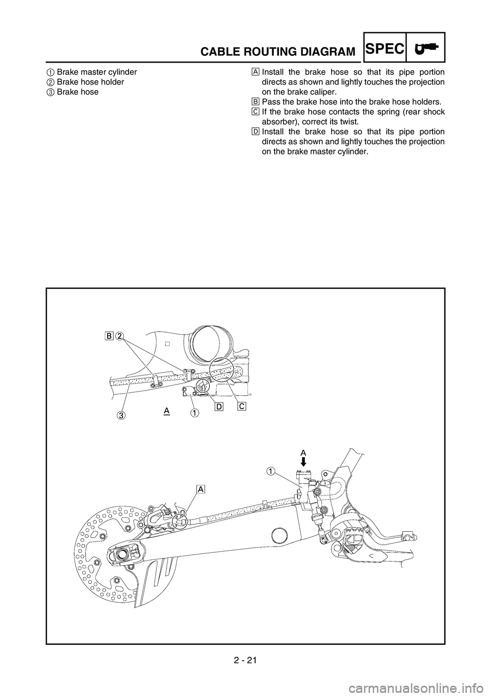 YAMAHA YZ250F 2003 Owners Manual 2 - 21
SPECCABLE ROUTING DIAGRAM
1Brake master cylinder
2Brake hose holder
3Brake hoseÅInstall the brake hose so that its pipe portion
directs as shown and lightly touches the projection
on the brake YAMAHA YZ250F 2003 Owners Manual 2 - 21
SPECCABLE ROUTING DIAGRAM
1Brake master cylinder
2Brake hose holder
3Brake hoseÅInstall the brake hose so that its pipe portion
directs as shown and lightly touches the projection
on the brake