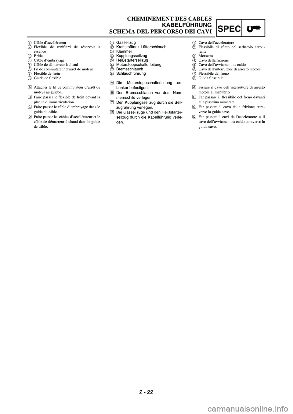 YAMAHA YZ250F 2003  Notices Demploi (in French) SPEC
2 - 22
1Gasseilzug
2Kraftstofftank-Lüfterschlauch
3Klammer
4Kupplungsseilzug
5Heißstarterseilzug
6Motorstoppschalterleitung
7Bremsschlauch
8Schlauchführung
ÅDie Motorstoppschalterleitung am
L