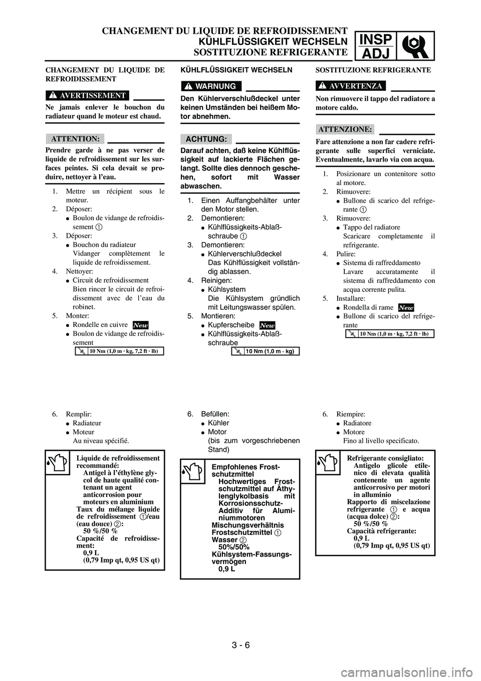 YAMAHA YZ250F 2003  Owners Manual INSP
ADJ
CHANGEMENT DU LIQUIDE DE REFROIDISSEMENT
KÜHLFLÜSSIGKEIT WECHSELN
SOSTITUZIONE REFRIGERANTE
KÜHLFLÜSSIGKEIT WECHSELN
WARNUNG
Den Kühlerverschlußdeckel unter
keinen Umständen bei heiße