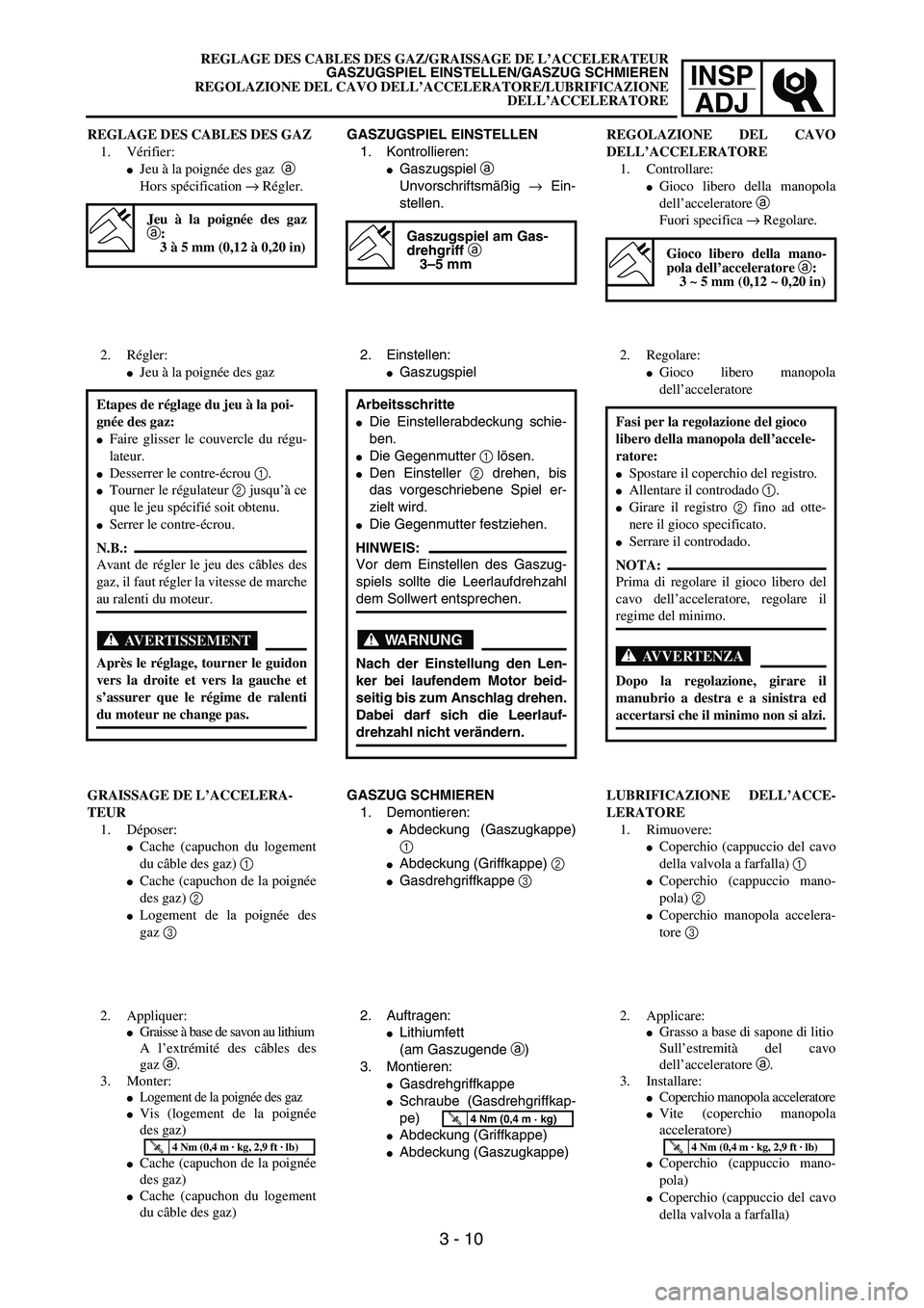 YAMAHA YZ250F 2003  Owners Manual INSP
ADJ
REGLAGE DES CABLES DES GAZ/GRAISSAGE DE L’ACCELERATEUR
GASZUGSPIEL EINSTELLEN/GASZUG SCHMIEREN
REGOLAZIONE DEL CAVO DELL’ACCELERATORE/LUBRIFICAZIONE
DELL’ACCELERATORE
GASZUGSPIEL EINSTE
