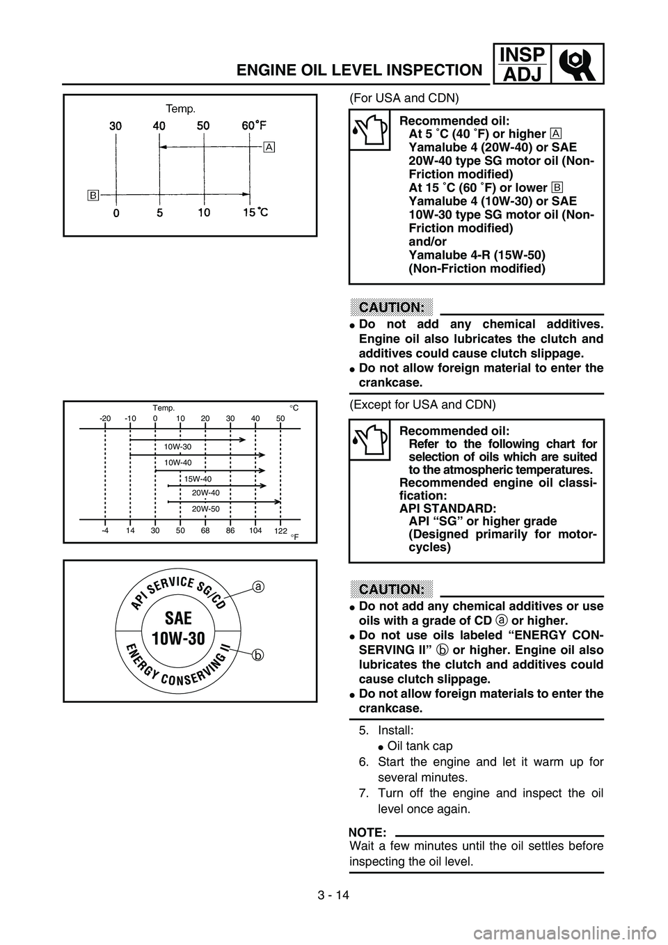 YAMAHA YZ250F 2003  Owners Manual 3 - 14
INSP
ADJ
ENGINE OIL LEVEL INSPECTION
(For USA and CDN)
CAUTION:
Do not add any chemical additives.
Engine oil also lubricates the clutch and
additives could cause clutch slippage.
Do not allo