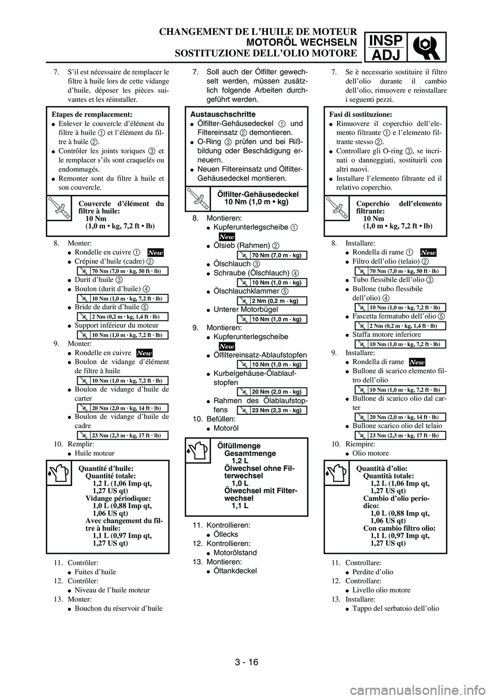 YAMAHA YZ250F 2003  Owners Manual INSP
ADJ
CHANGEMENT DE L’HUILE DE MOTEUR
MOTORÖL WECHSELN
SOSTITUZIONE DELL’OLIO MOTORE
7. Soll auch der Ölfilter gewech-
selt werden, müssen zusätz-
lich folgende Arbeiten durch-
geführt wer