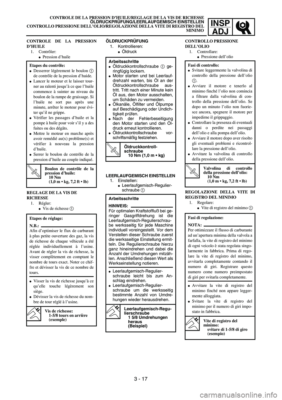 YAMAHA YZ250F 2003  Owners Manual INSP
ADJ
CONTROLE DE LA PRESSION D’HUILE/REGLAGE DE LA VIS DE RICHESSE
ÖLDRUCKPRÜFUNG/LEERLAUFGEMISCH EINSTELLEN
CONTROLLO PRESSIONE DELL’OLIO/REGOLAZIONE DELLA VITE DI REGISTRO DEL
MINIMO
ÖLDR