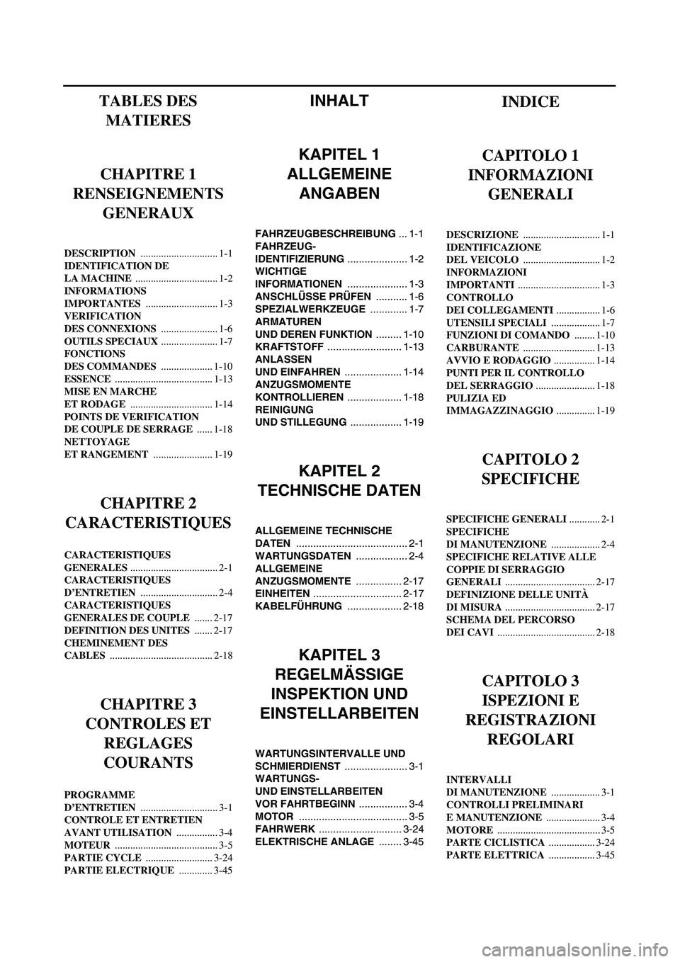 YAMAHA YZ250F 2003 Owners Manual INHALT
KAPITEL 1
ALLGEMEINE
ANGABEN
FAHRZEUGBESCHREIBUNG ... 1-1
FAHRZEUG-
IDENTIFIZIERUNG ..................... 1-2
WICHTIGE
INFORMATIONEN ..................... 1-3
ANSCHLÜSSE PRÜFEN ........... YAMAHA YZ250F 2003 Owners Manual INHALT
KAPITEL 1
ALLGEMEINE
ANGABEN
FAHRZEUGBESCHREIBUNG ... 1-1
FAHRZEUG-
IDENTIFIZIERUNG ..................... 1-2
WICHTIGE
INFORMATIONEN ..................... 1-3
ANSCHLÜSSE PRÜFEN ...........