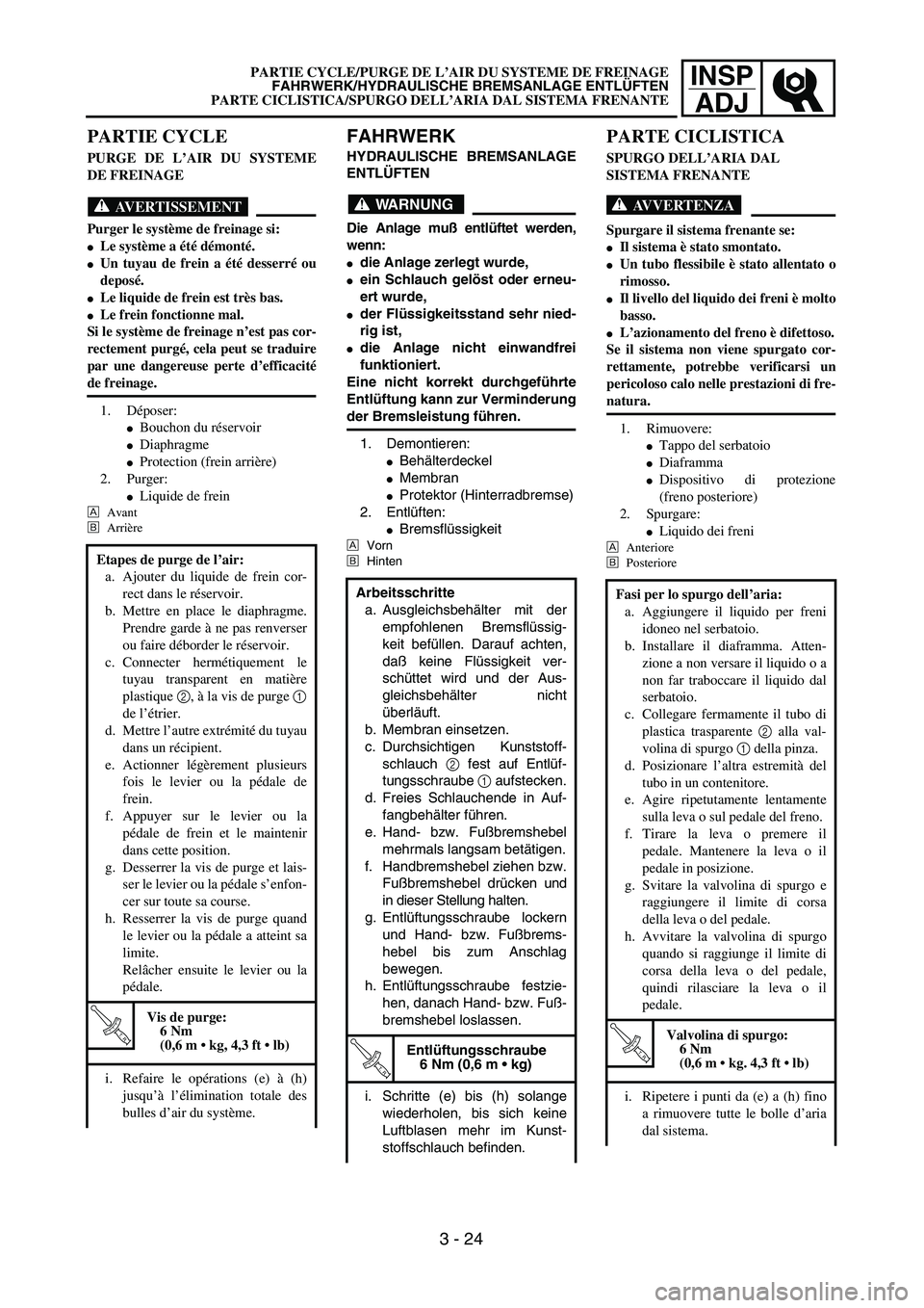 YAMAHA YZ250F 2003  Owners Manual INSP
ADJ
 
PARTIE CYCLE/PURGE DE L’AIR DU SYSTEME DE FREINAGE  
FAHRWERK/HYDRAULISCHE BREMSANLAGE ENTLÜFTEN  
PARTE CICLISTICA/SPURGO DELL’ARIA DAL SISTEMA FRENANTE 
FAHRWERK 
HYDRAULISCHE BREMSA