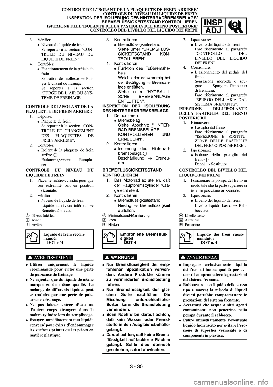 YAMAHA YZ250F 2003 Owners Manual INSP
ADJ
CONTROLE DE L’ISOLANT DE LA PLAQUETTE DE FREIN ARRIERE/
CONTROLE DU NIVEAU DU LIQUIDE DE FREIN
INSPEKTION DER ISOLIERUNG DES HINTERRADBREMSBELAGS/
BREMSFLÜSSIGKEITSSTAND KONTROLLIEREN
ISPE YAMAHA YZ250F 2003 Owners Manual INSP
ADJ
CONTROLE DE L’ISOLANT DE LA PLAQUETTE DE FREIN ARRIERE/
CONTROLE DU NIVEAU DU LIQUIDE DE FREIN
INSPEKTION DER ISOLIERUNG DES HINTERRADBREMSBELAGS/
BREMSFLÜSSIGKEITSSTAND KONTROLLIEREN
ISPE