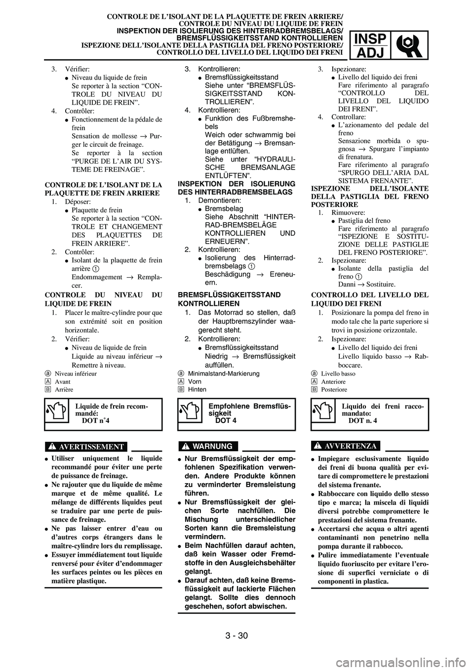 YAMAHA YZ250F 2003  Betriebsanleitungen (in German) INSP
ADJ
CONTROLE DE L’ISOLANT DE LA PLAQUETTE DE FREIN ARRIERE/
CONTROLE DU NIVEAU DU LIQUIDE DE FREIN
INSPEKTION DER ISOLIERUNG DES HINTERRADBREMSBELAGS/
BREMSFLÜSSIGKEITSSTAND KONTROLLIEREN
ISPE