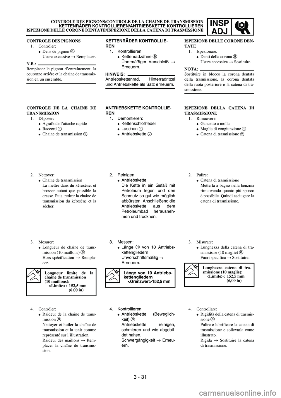 YAMAHA YZ250F 2003  Owners Manual INSP
ADJCONTROLE DES PIGNONS/CONTROLE DE LA CHAINE DE TRANSMISSION
KETTENRÄDER KONTROLLIEREN/ANTRIEBSKETTE KONTROLLIEREN
ISPEZIONE DELLE CORONE DENTATE/ISPEZIONE DELLA CATENA DI TRASMISSIONE
KETTENR