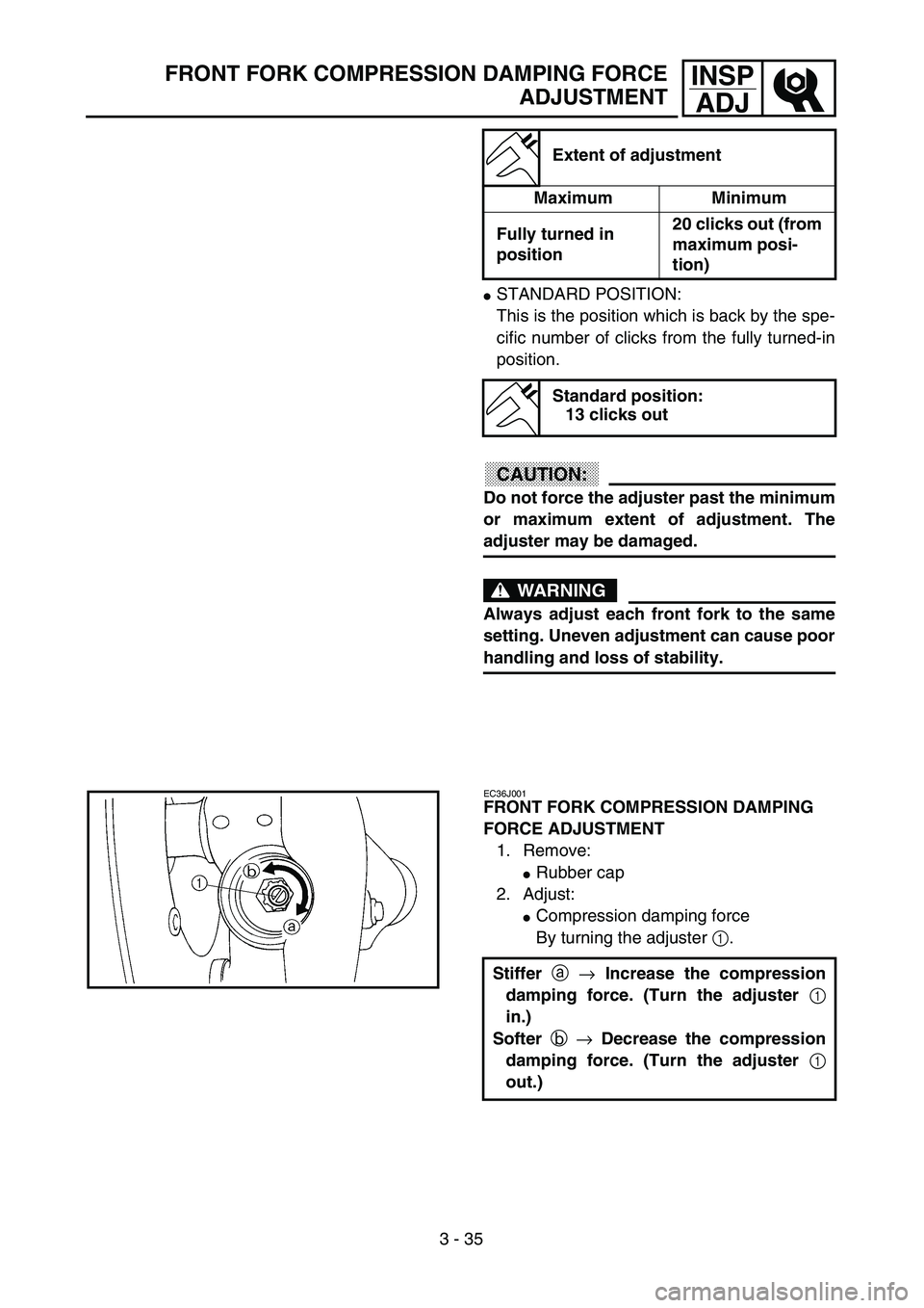 YAMAHA YZ250F 2003  Owners Manual 3 - 35
INSP
ADJFRONT FORK COMPRESSION DAMPING FORCE
ADJUSTMENT
STANDARD POSITION:
This is the position which is back by the spe-
cific number of clicks from the fully turned-in
position.
CAUTION:
Do 