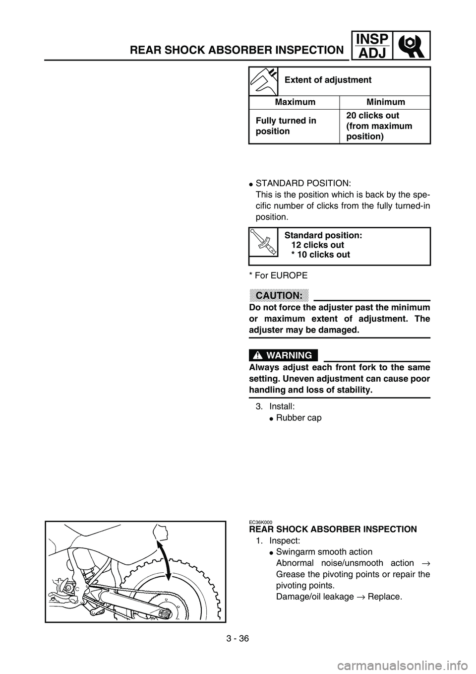 YAMAHA YZ250F 2003  Owners Manual 3 - 36
INSP
ADJ
REAR SHOCK ABSORBER INSPECTION
Extent of adjustment
Maximum Minimum
Fully turned in 
position20 clicks out 
(from maximum 
position)
STANDARD POSITION:
This is the position which is b