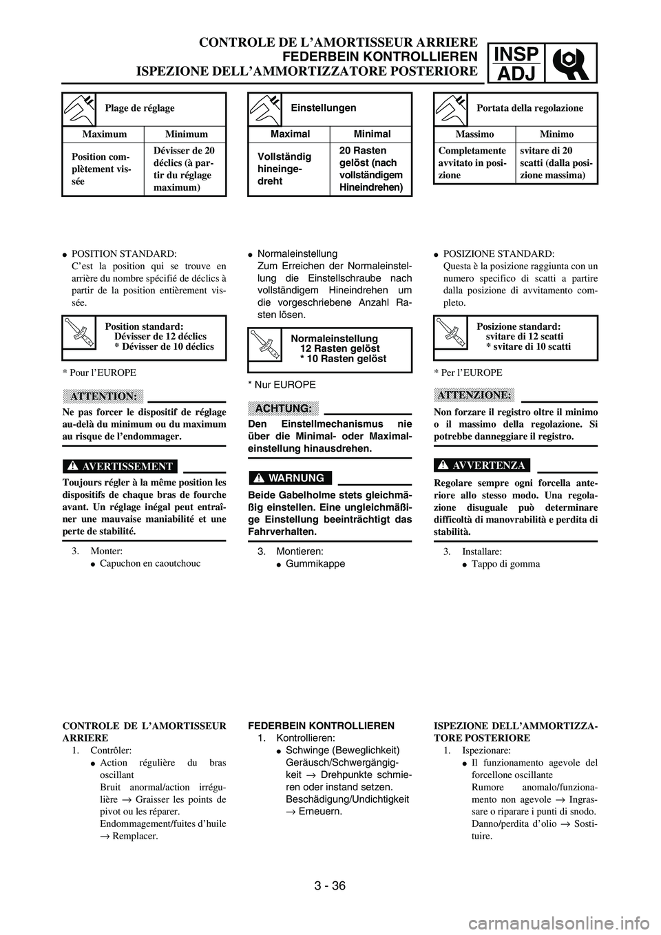 YAMAHA YZ250F 2003  Owners Manual INSP
ADJ
CONTROLE DE L’AMORTISSEUR ARRIERE
FEDERBEIN KONTROLLIEREN
ISPEZIONE DELL’AMMORTIZZATORE POSTERIORE
Einstellungen
Maximal Minimal
Vollständig 
hineinge-
dreht20 Rasten 
gelöst (nach 
vol