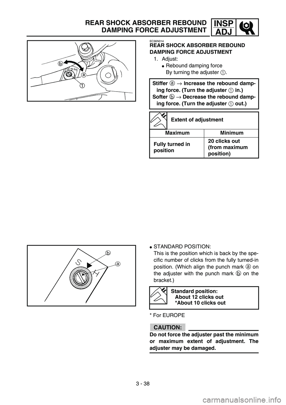 YAMAHA YZ250F 2003  Owners Manual 3 - 38
INSP
ADJREAR SHOCK ABSORBER REBOUND
DAMPING FORCE ADJUSTMENT
EC36N014
REAR SHOCK ABSORBER REBOUND 
DAMPING FORCE ADJUSTMENT
1. Adjust:
Rebound damping force
By turning the adjuster 1.
Stiffer 