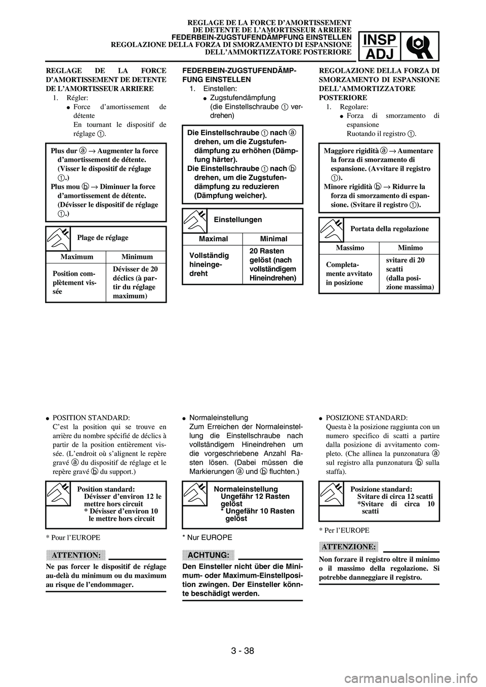 YAMAHA YZ250F 2003  Owners Manual INSP
ADJ
REGLAGE DE LA FORCE D’AMORTISSEMENT
DE DETENTE DE L’AMORTISSEUR ARRIERE
FEDERBEIN-ZUGSTUFENDÄMPFUNG EINSTELLEN
REGOLAZIONE DELLA FORZA DI SMORZAMENTO DI ESPANSIONE
DELL’AMMORTIZZATORE 
