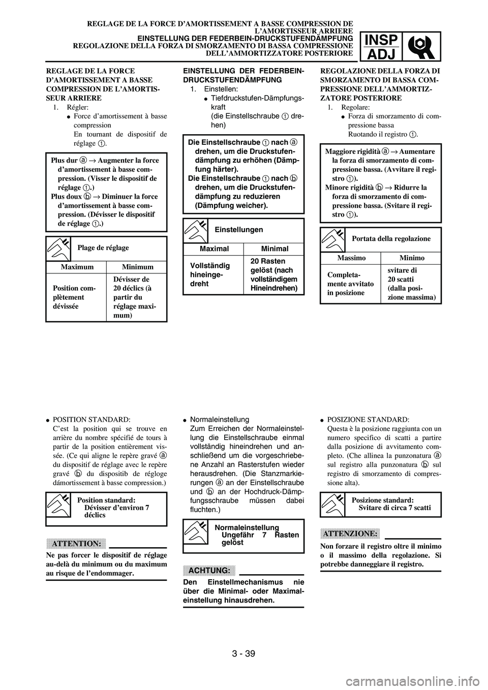 YAMAHA YZ250F 2003  Owners Manual INSP
ADJ
REGLAGE DE LA FORCE D’AMORTISSEMENT A BASSE COMPRESSION DE
L’AMORTISSEUR ARRIERE
EINSTELLUNG DER FEDERBEIN-DRUCKSTUFENDÄMPFUNG
REGOLAZIONE DELLA FORZA DI SMORZAMENTO DI BASSA COMPRESSION