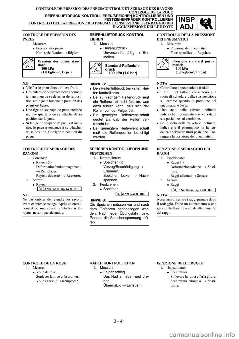 YAMAHA YZ250F 2003  Owners Manual INSP
ADJ
CONTROLE DE PRESSION DES PNEUS/CONTROLE ET SERRAGE DES RAYONS/
CONTROLE DE LA ROUE
REIFENLUFTDRUCK KONTROLLIEREN/SPEICHEN KONTROLLIEREN UND
FESTZIEHEN/RÄDER KONTROLLIEREN
CONTROLLO DELLA PRE