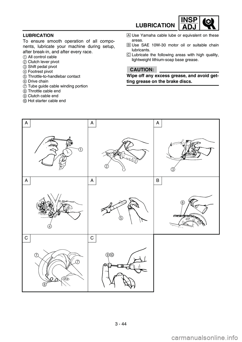 YAMAHA YZ250F 2003  Owners Manual 3 - 44
INSP
ADJ
LUBRICATION
LUBRICATION
To ensure smooth operation of all compo-
nents, lubricate your machine during setup,
after break-in, and after every race.
1All control cable
2Clutch lever pivo