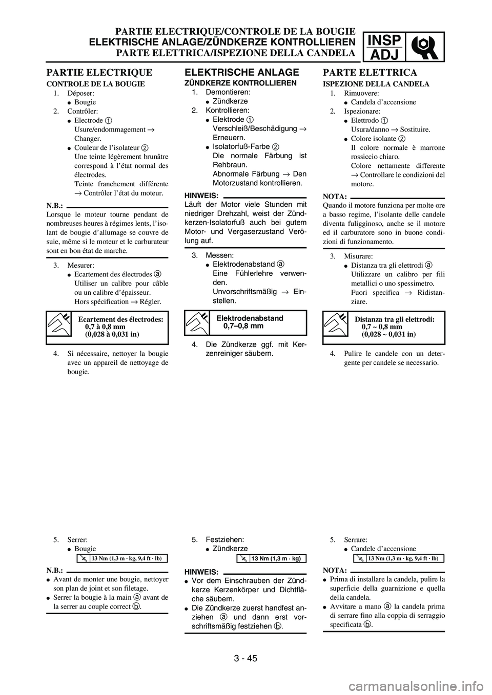 YAMAHA YZ250F 2003  Owners Manual INSP
ADJ
PARTIE ELECTRIQUE/CONTROLE DE LA BOUGIE
ELEKTRISCHE ANLAGE/ZÜNDKERZE KONTROLLIEREN
PARTE ELETTRICA/ISPEZIONE DELLA CANDELA
ELEKTRISCHE ANLAGE
ZÜNDKERZE KONTROLLIEREN
1. Demontieren:
Zündk