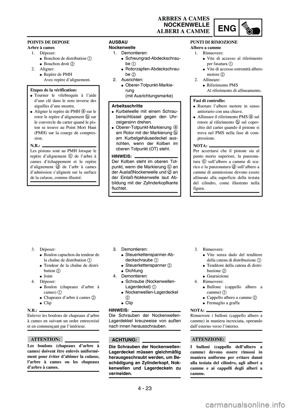YAMAHA YZ250F 2003  Notices Demploi (in French) ENG
4 - 23
ARBRES A CAMES
NOCKENWELLE
ALBERI A CAMME
AUSBAU
Nockenwelle
1. Demontieren:
Schwungrad-Abdeckschrau-
be 1 
Rotorzapfen-Abdeckschrau-
be 2 
2. Ausrichten:
Oberer-Totpunkt-Markie-
rung
(m