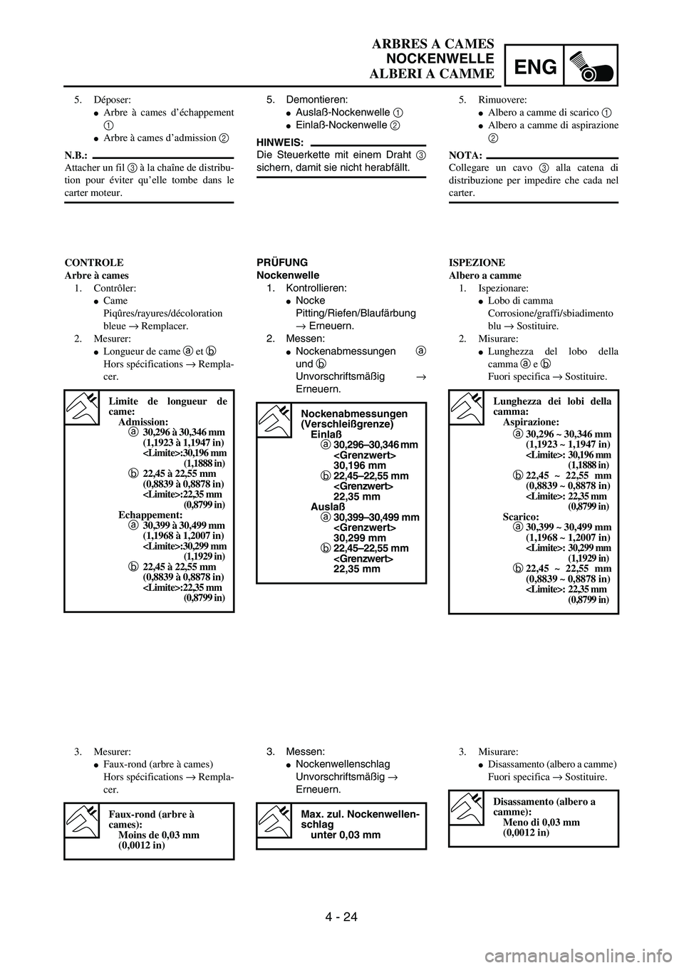 YAMAHA YZ250F 2003  Owners Manual ENG
4 - 24
ARBRES A CAMES
NOCKENWELLE
ALBERI A CAMME
5. Demontieren:
Auslaß-Nockenwelle 1 
Einlaß-Nockenwelle 2 
HINWEIS:
Die Steuerkette mit einem Draht 3
sichern, damit sie nicht herabfällt.
PR