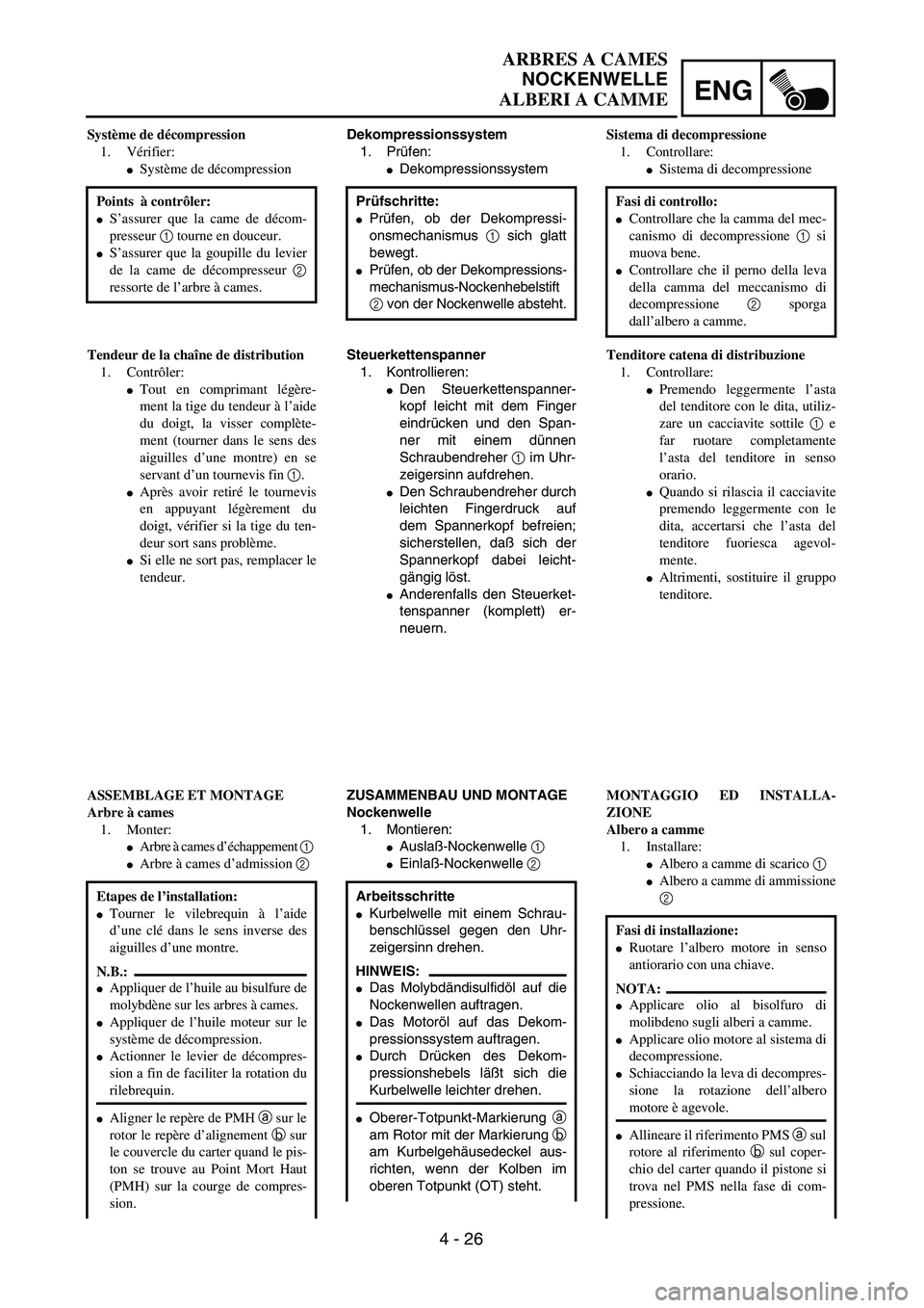 YAMAHA YZ250F 2003  Owners Manual ENG
 
4 - 26 
ARBRES A CAMES  
NOCKENWELLE  
ALBERI A CAMME 
Dekompressionssystem  
1. Prüfen: 
 
Dekompressionssystem  
Prüfschritte: 
 
Prüfen, ob der Dekompressi-
onsmechanismus   
1  
 sich g