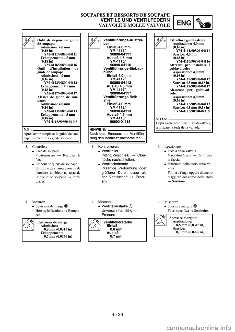 YAMAHA YZ250F 2003  Owners Manual ENG
4 - 36
SOUPAPES ET RESSORTS DE SOUPAPE
VENTILE UND VENTILFEDERN
VALVOLE E MOLLE VALVOLE
3. Kontrollieren:
Ventilteller
Pitting/Verschleiß → Ober-
fläche nachschleifen.
Ventilschaftende
Pilza